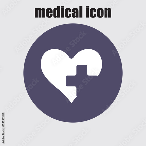 Healthcare symbol features a heart and cross inside a rounded design element, conveying medicine and health.