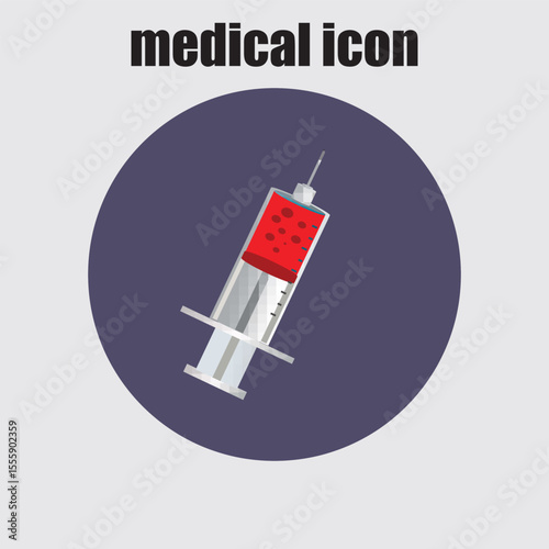 Syringe illustration with red liquid, a vital medical tool for injections and vaccinations, displayed on a circular badge.
