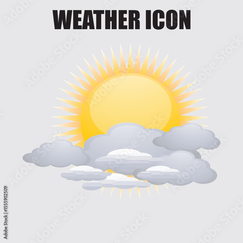 Sunny weather illustration depicts a bright sun partly obscured by fluffy gray clouds, creating a charming design.