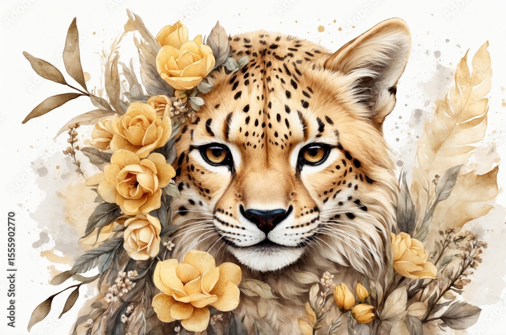 Obraz premium Stunning leopard portrait surrounded by elegant floral arrangement in warm tones