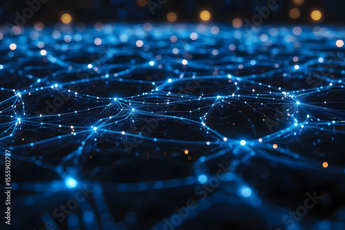 The image showcases an abstract background featuring glowing blue lines and a network of interconnected nodes. The composition highlights a dynamic and futuristic theme