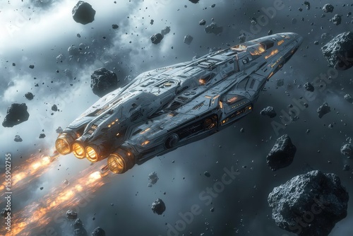 Fototapeta Naklejka Na Ścianę i Meble -  An alien spaceship flying through a dense asteroid field skillfully dodging the rocky obstacles