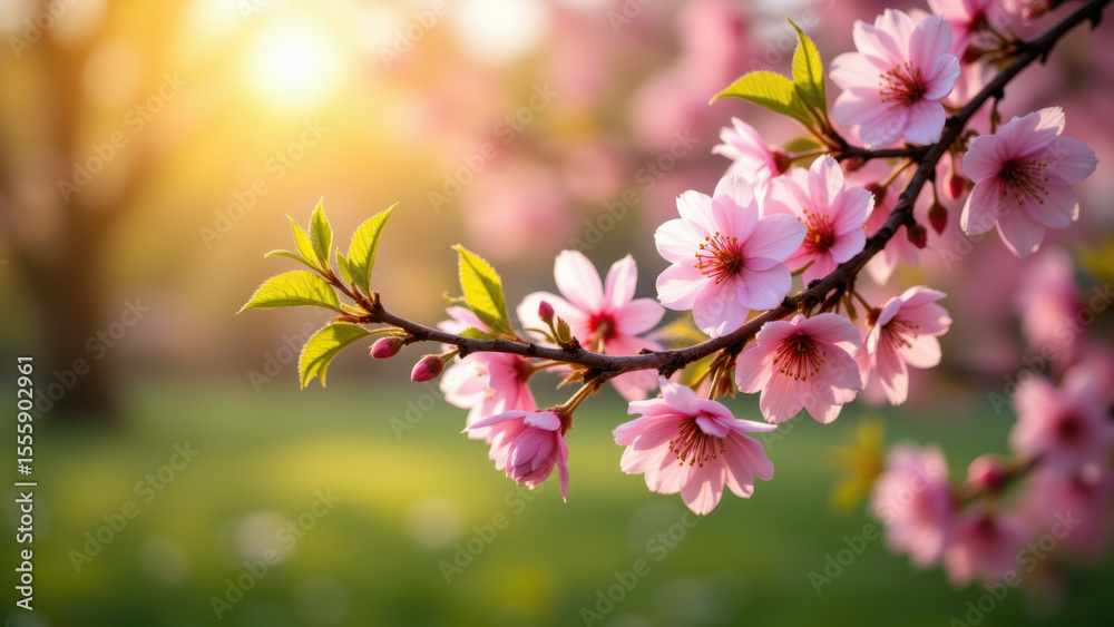 Obraz premium Blossoming cherry branches symbolize love, beauty, and new beginnings. Delicate petals, romantic spring scene.