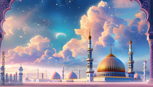 Soft and elegant Eid Milad un Nabi background featuring Madina mosque with dreamy cloudy backdrop