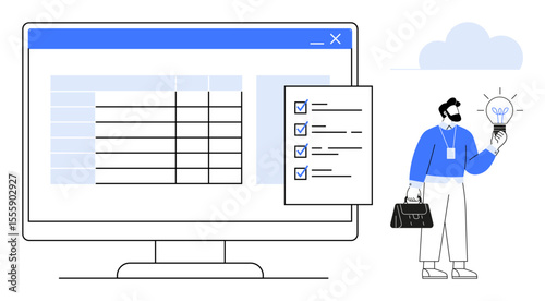 Man holding a lightbulb next to checklist and spreadsheet on computer screen. Ideal for productivity, organization, creativity, innovation, brainstorming, digital tools, simple flat metaphor