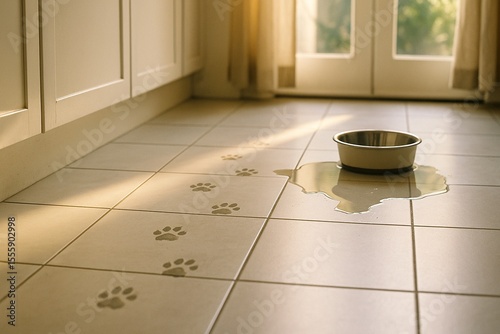 Wet paw prints and spilled water bowl on kitchen floor