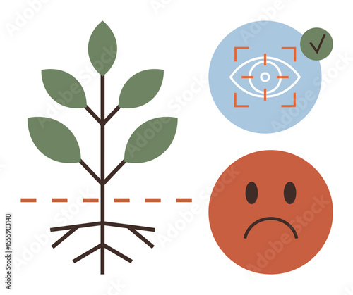 Plant with visible roots and leaves, focus icon with a checkmark, and sad face reaction. Ideal for agriculture, environment, biology, growth, sustainability diagnostics emotional awareness. Simple