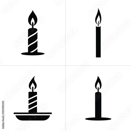 Four Black Candle Icons with Burning Flames on a White Background