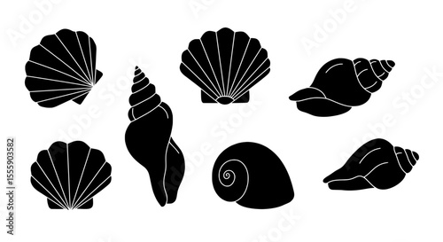Seashells Silhouette Collection: A set of diverse seashell silhouettes, including scallops and spiral shells, ideal for design projects needing a beach or ocean theme.  