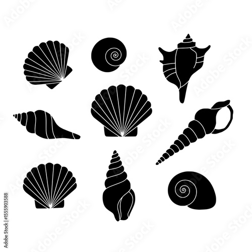 Seashell Silhouette Collection: A striking collection of elegant seashell silhouettes, perfect for illustrating themes of the sea, nature, and design. Showcasing a variety of shapes.