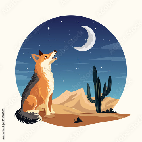 Lone Coyote's Serenade Under the Moon: A captivating illustration unveils a solitary coyote serenading the moon, its soulful howl echoing through the serene desert night.