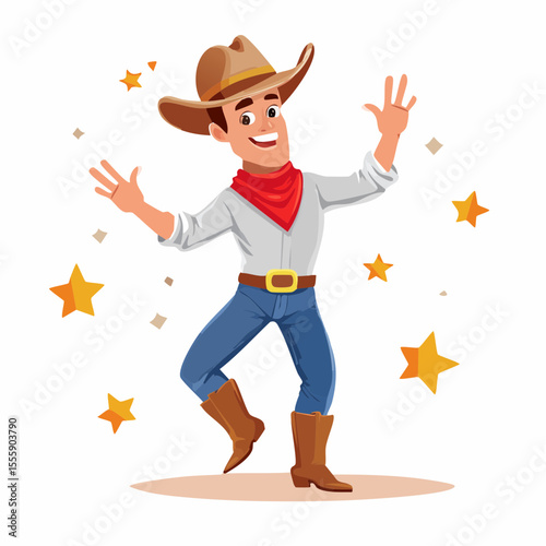 Cowboy's Cheerful Pose: An illustrative depiction captures a cowboy in a lively pose surrounded by star motifs, his attire a testament to classic western aesthetics.