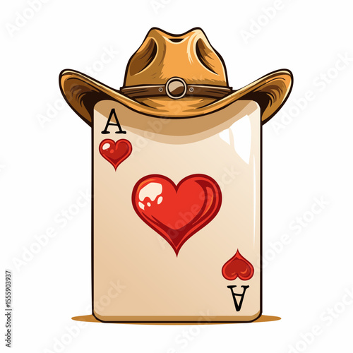 Ace of Hearts with Cowboy Hat: A stylized Ace of Hearts playing card is creatively topped with a rugged cowboy hat, hinting at a winning hand or the wild west spirit of chance and fortune. 
