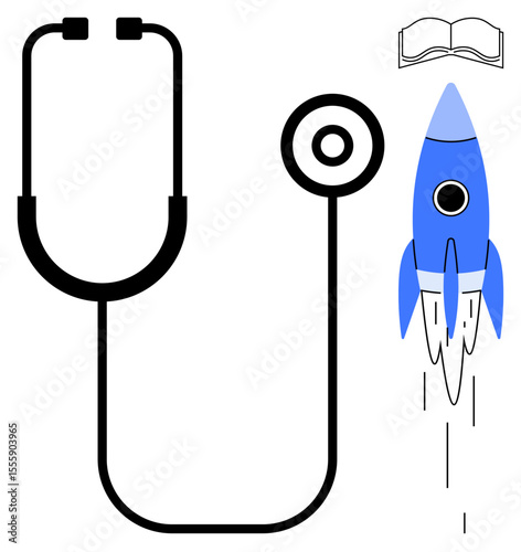 Stethoscope, blue rocket, and open book combine science, healthcare, and education. Ideal for innovation, research, progress technology healthcare education startups. Clean and simple flat
