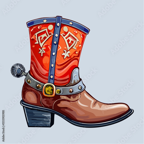 Western Boot: A vibrant, single cowboy boot with detailed stitching, a metal spur, and an artistic design of western culture in the photo.