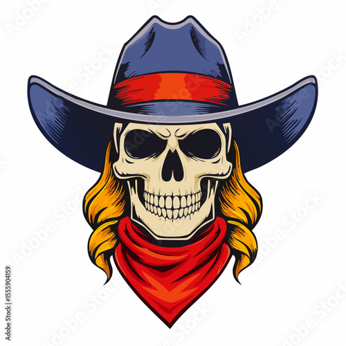 Skull Cowboy: A stylized illustration showcasing a skull adorned with a cowboy hat and bandana, embodying a unique blend of the wild west and the macabre.