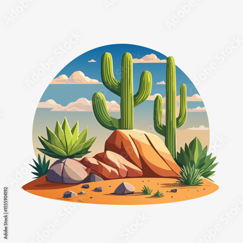 Desert Oasis Illustration: A vibrant illustration showcasing the beauty of the desert with lush cactus and desert rock formations, under a bright blue sky with fluffy clouds.