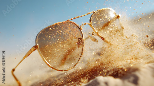 Golden Haze: The sunglasses on a beach are shown with gold dust. Golden dust is scattering on them, symbolising the golden sun, warmth, freedom, summer.