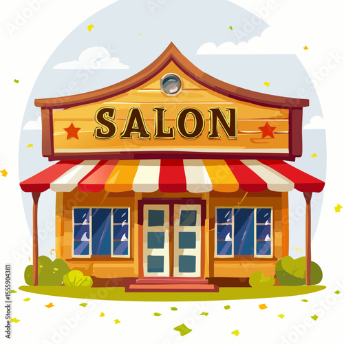 Salon's Facade: A charming cartoon rendering of a quaint salon with a colorful awning and inviting entrance. The cheerful scene exudes a sense of warmth and welcome.