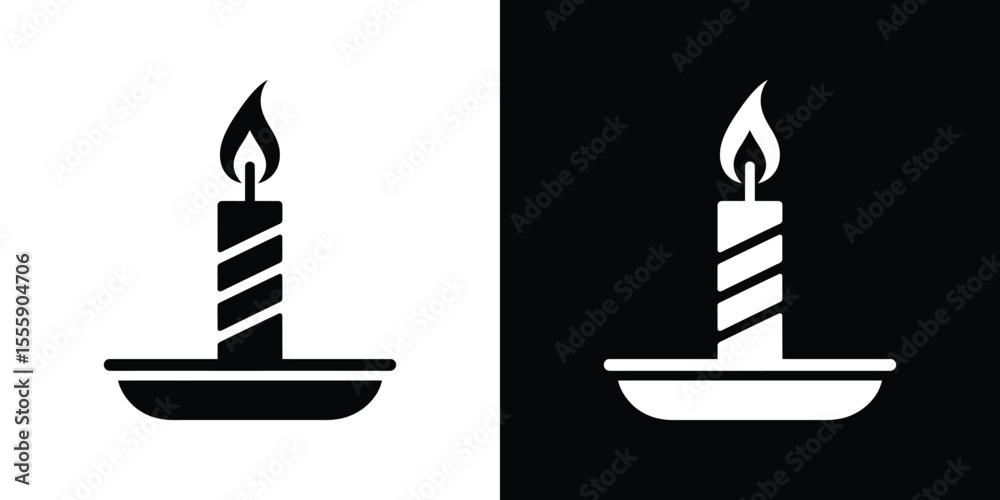 Fototapeta premium Lit Candle in Holder, Black and White Silhouette Illustration for Design Projects and Decorations