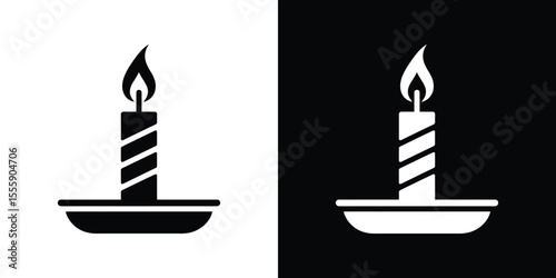 Lit Candle in Holder, Black and White Silhouette Illustration for Design Projects and Decorations