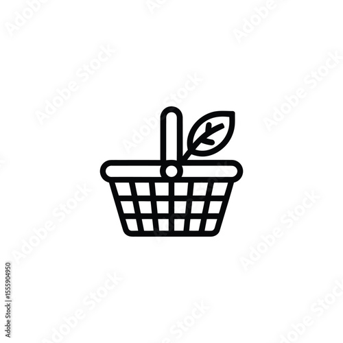Minimalist Black Line Art Wicker Basket Icon with a Single Leaf Detail