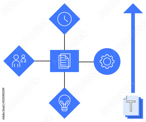Document at the center of a network with icons for collaboration, time, ideas, and automation. Arrow represents growth or progress. Ideal for business, teamwork, planning, strategy workflow