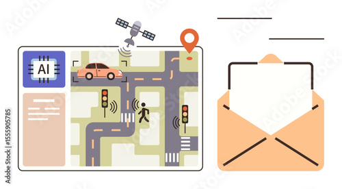 AI analyzing traffic patterns with sensors, satellite, and pedestrian signals beside an open envelope icon. Ideal for technology, transportation, innovation, communication, smart cities, AI