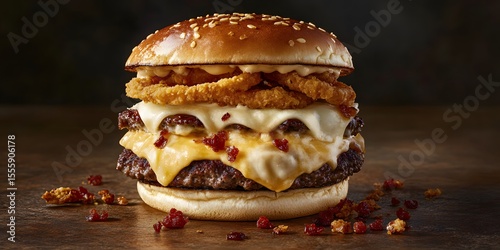 A decadent double cheeseburger with onion rings and bacon bits on a dark surface close up shot
