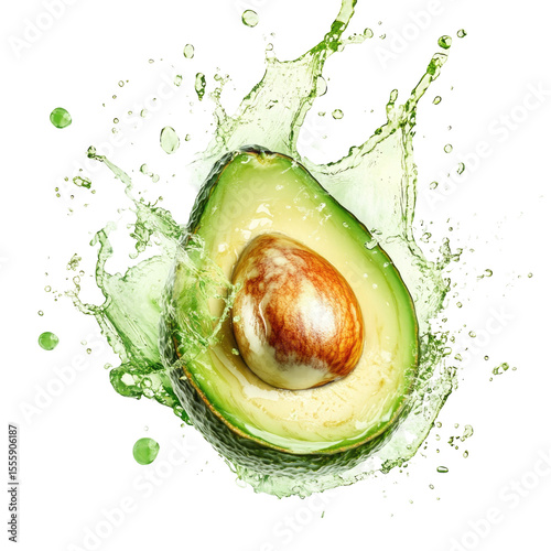Cut Avocado With Seed Is Surrounded By a splash of water isolated on a transparent background