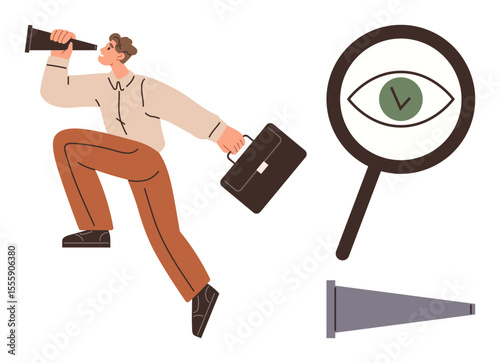 Professional with a briefcase looking through a telescope, magnifying glass with an eye symbol. Ideal for exploration, vision, business strategy, future prospects, leadership, research, simple flat