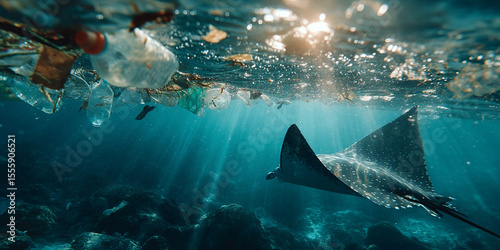A powerful visual highlighting marine pollution, featuring a stingray beneath a surface littered with plastic waste — raising awareness about ocean conservation and environmental damage.