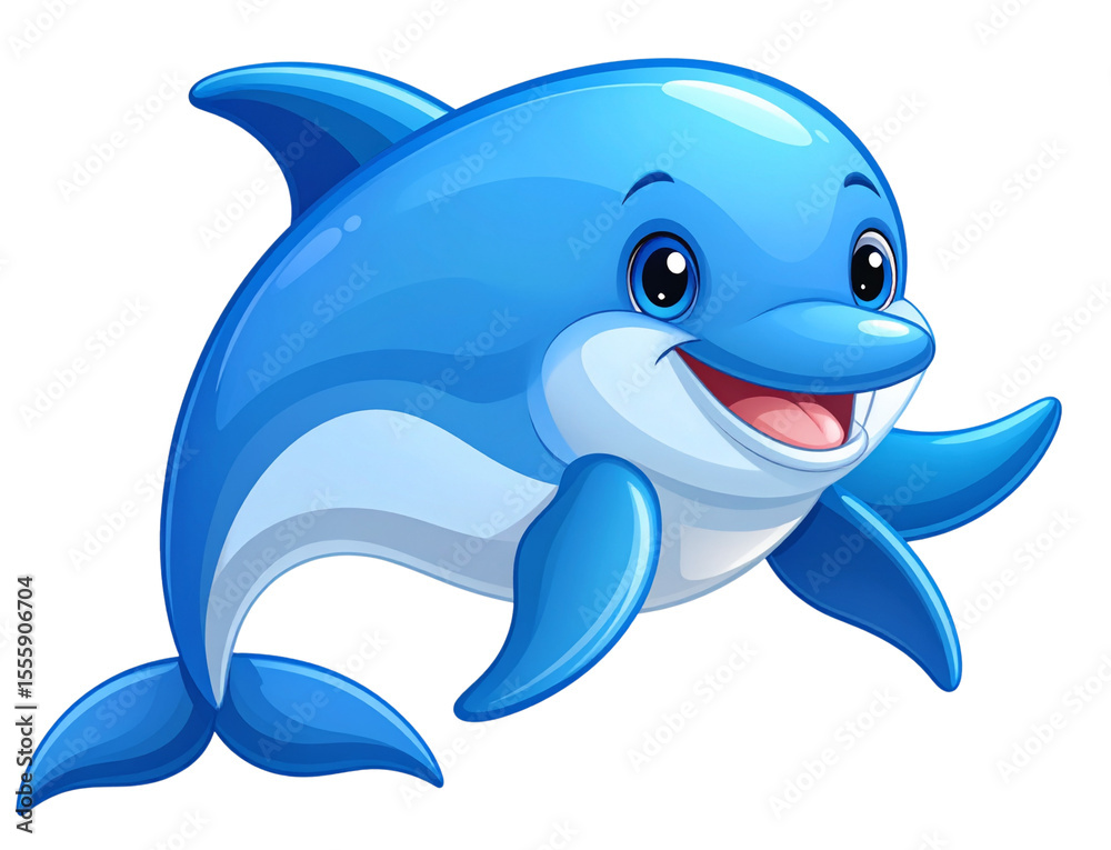 Fototapeta premium Smiling Cartoon Dolphin Waving Flipper – Cute Ocean Animal PNG for Kids.
