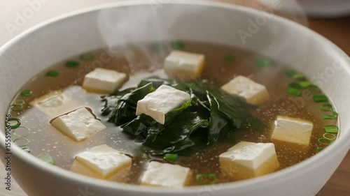 Miso Soup Delight: A steaming bowl of delicious miso soup, brimming with fresh tofu cubes and tender seaweed, showcasing the rich flavors and simple elegance of this culinary classic.