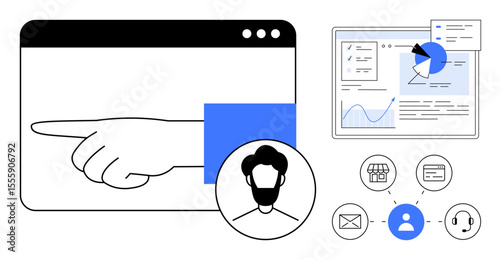 Hand pointing in a browser window, user icon, analytics data, and distributed communication icons. Ideal for user experience, online analytics, customer engagement, digital tools, teamwork business