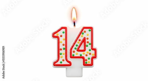Birthday candle fourteen isolated on white background