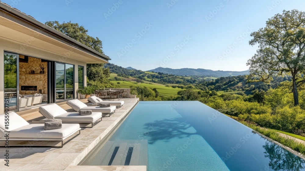 Fototapeta premium A view of the hills from an infinity pool with la white lounge chairs, overlooking distant mountains