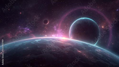 Vibrant planetary scene with Earth and Mars glowing in neon space colors, calm and majestic