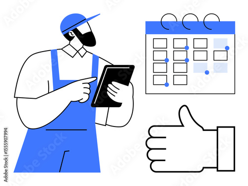 Worker in uniform checking tablet, calendar with scheduled tasks and approval sign. Ideal for task management, productivity, scheduling, project planning, organization, teamwork, simple landing page