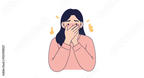 Young woman covering face in embarrassment with hands  