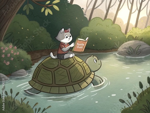 Adorable Cat Riding a Turtle: A Whimsical Adventure by the Pond