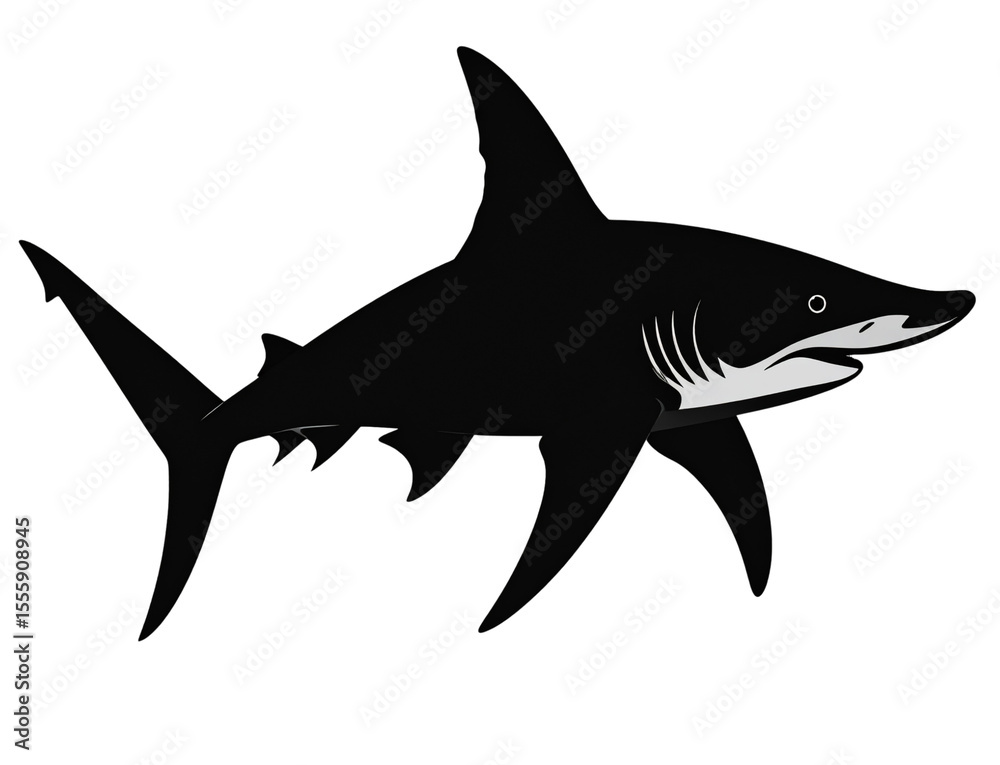 Fototapeta premium Silhouette of Hammerhead Shark in Dynamic Swimming Pose – High-Contrast PNG Isolated.