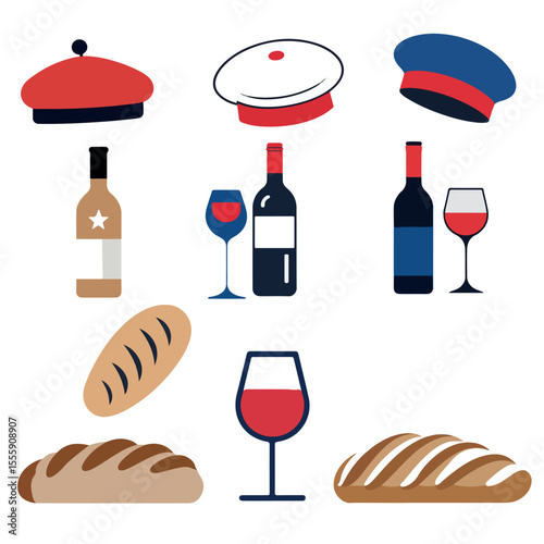 Explore a clean and modern minimal vector icon set inspired by French culture and Bastille Day, featuring the Eiffel Tower, beret hat, wine bottle with glass, and baguette, perfect for UI/UX, prints, 