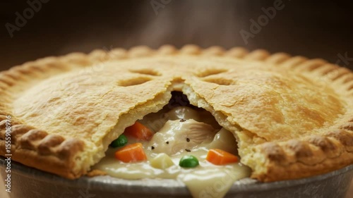 Aromatic Chicken Pot Pie: A mouthwatering close-up of a freshly baked chicken pot pie, golden crust revealing a rich filling of tender chicken, vegetables, and a creamy sauce.