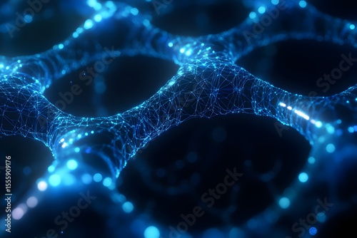 The image showcases an abstract background featuring glowing blue lines and a network of interconnected nodes. The composition highlights a dynamic and futuristic theme
