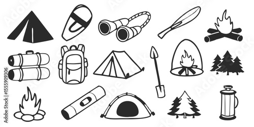 Hand-Drawn Doodle Set of Camping, Outdoor Adventure, and Nature Exploration Icons.