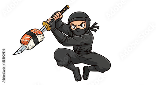 vector illustration of Ninja holding a sword with sushi without background