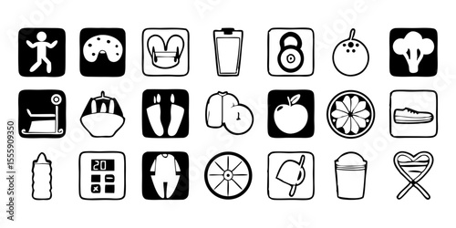 Monochrome Doodle Icon Set for Healthy Lifestyle, Fitness, and Nutrition.