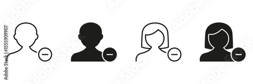 User Removal Icon Set. Account Deletion, Profile Management and User Unsubscription Outline And Silhouette Symbol Collection. Male And Female User with Minus Sign. Isolated Vector Illustration