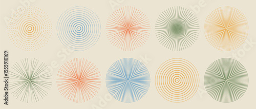 Soft retro color halftone radial dotted circular shapes geometric abstract vector set symmetry background burst motion illusion design elements vintage pattern minimal warm palette
